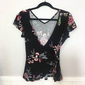 Anthropologie Deep V Black Floral Wrap Tie Top